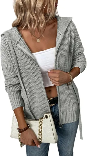 Womens Cardigan Hooded Sweaters Full Zipper Cable Knit Coats Open Front Long Sleeve Outwear Casual Drawstring Tops
