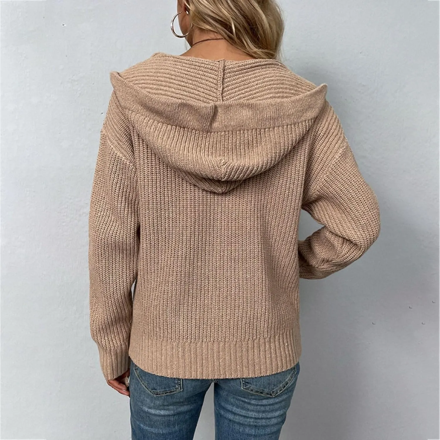 Womens Cardigan Hooded Sweaters Full Zipper Cable Knit Coats Open Front Long Sleeve Outwear Casual Drawstring Tops