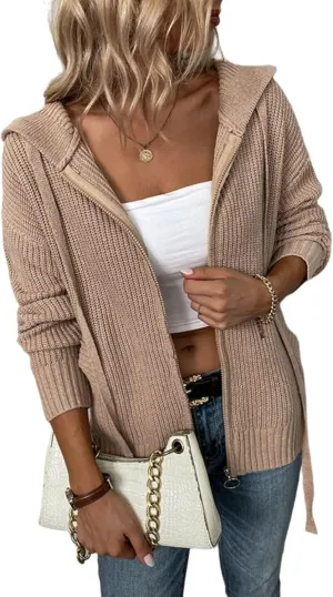 Womens Cardigan Hooded Sweaters Full Zipper Cable Knit Coats Open Front Long Sleeve Outwear Casual Drawstring Tops