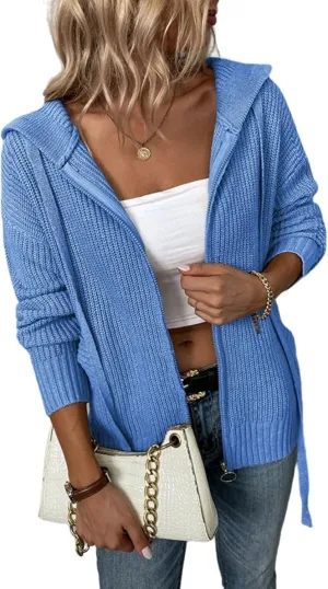 Womens Cardigan Hooded Sweaters Full Zipper Cable Knit Coats Open Front Long Sleeve Outwear Casual Drawstring Tops