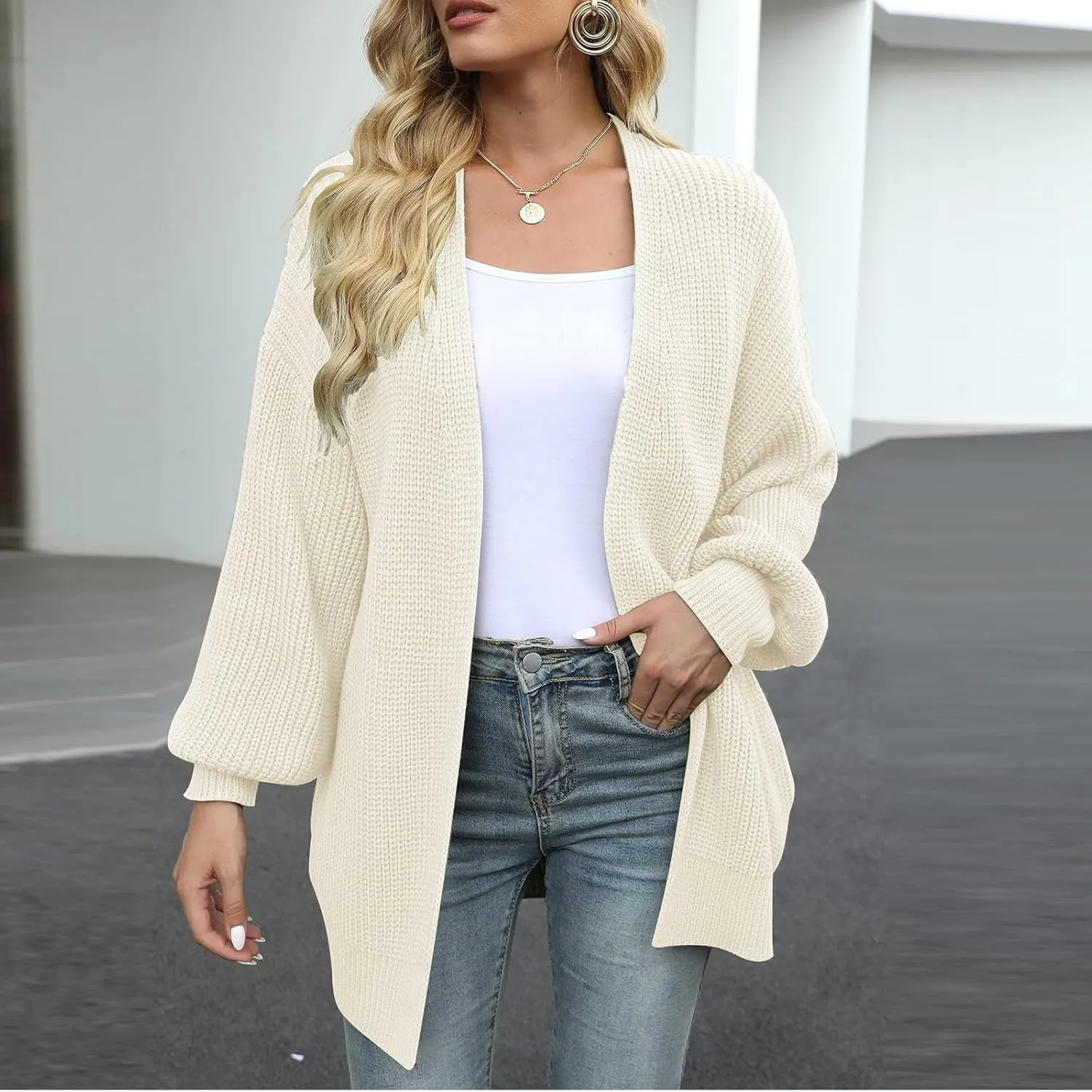 Womens Cardigan Sweaters Chunky Open Front Cardigan Oversized Cable Knit Sweaters with Pockets