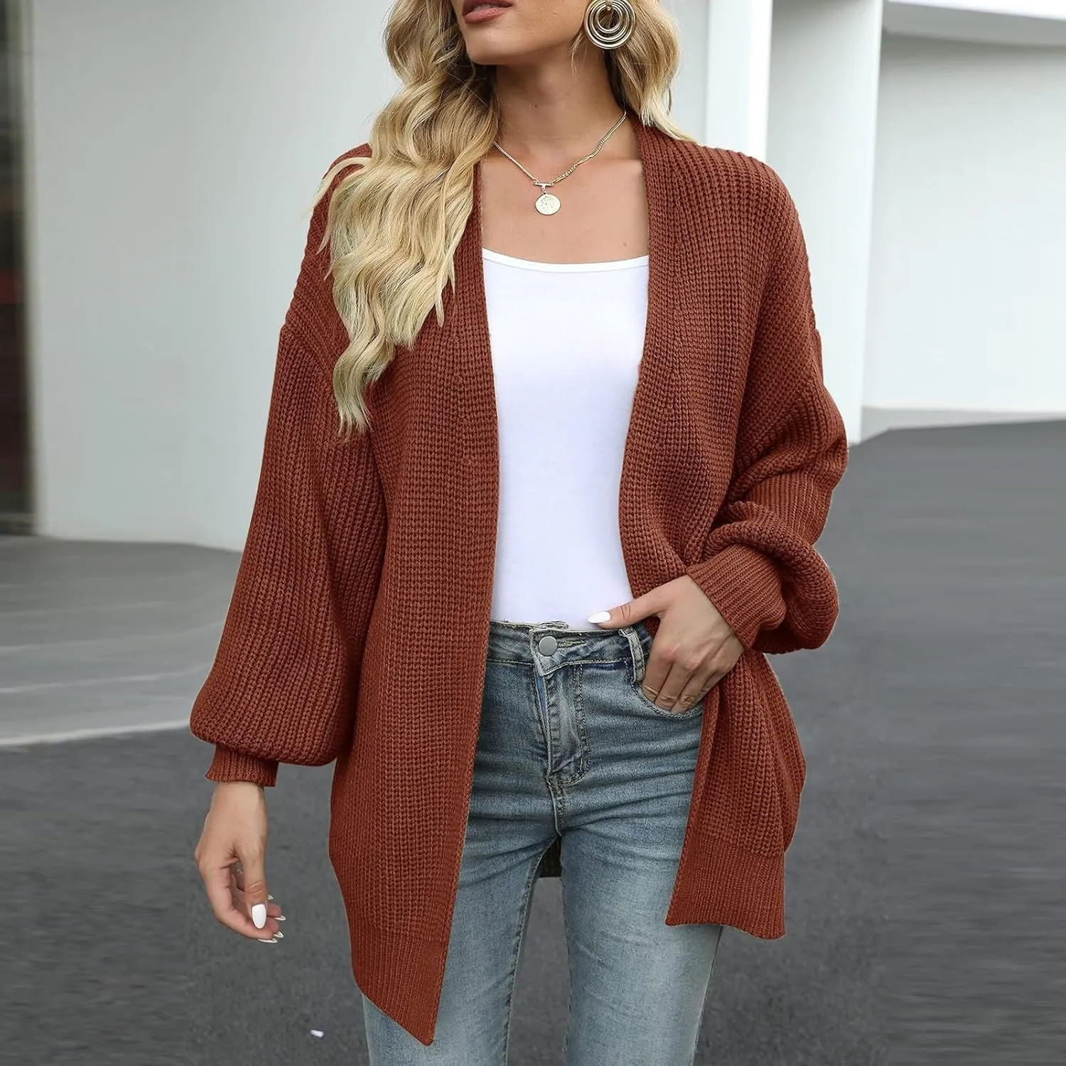 Womens Cardigan Sweaters Chunky Open Front Cardigan Oversized Cable Knit Sweaters with Pockets