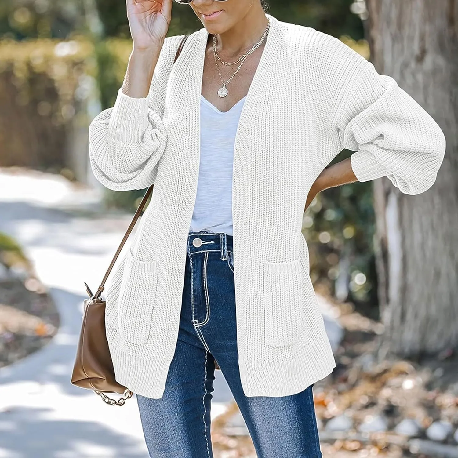 Womens Cardigan Sweaters Chunky Open Front Cardigan Oversized Cable Knit Sweaters with Pockets