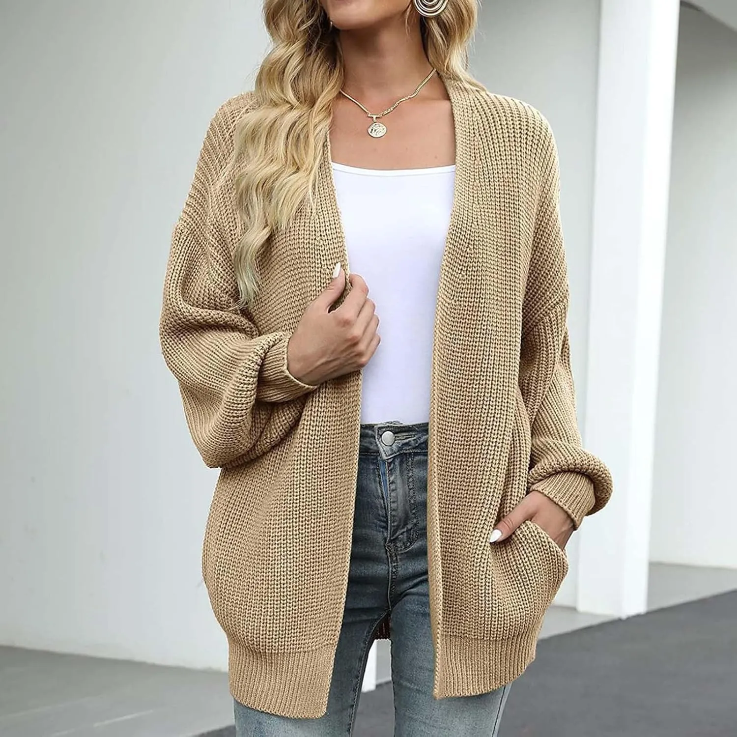 Womens Cardigan Sweaters Chunky Open Front Cardigan Oversized Cable Knit Sweaters with Pockets