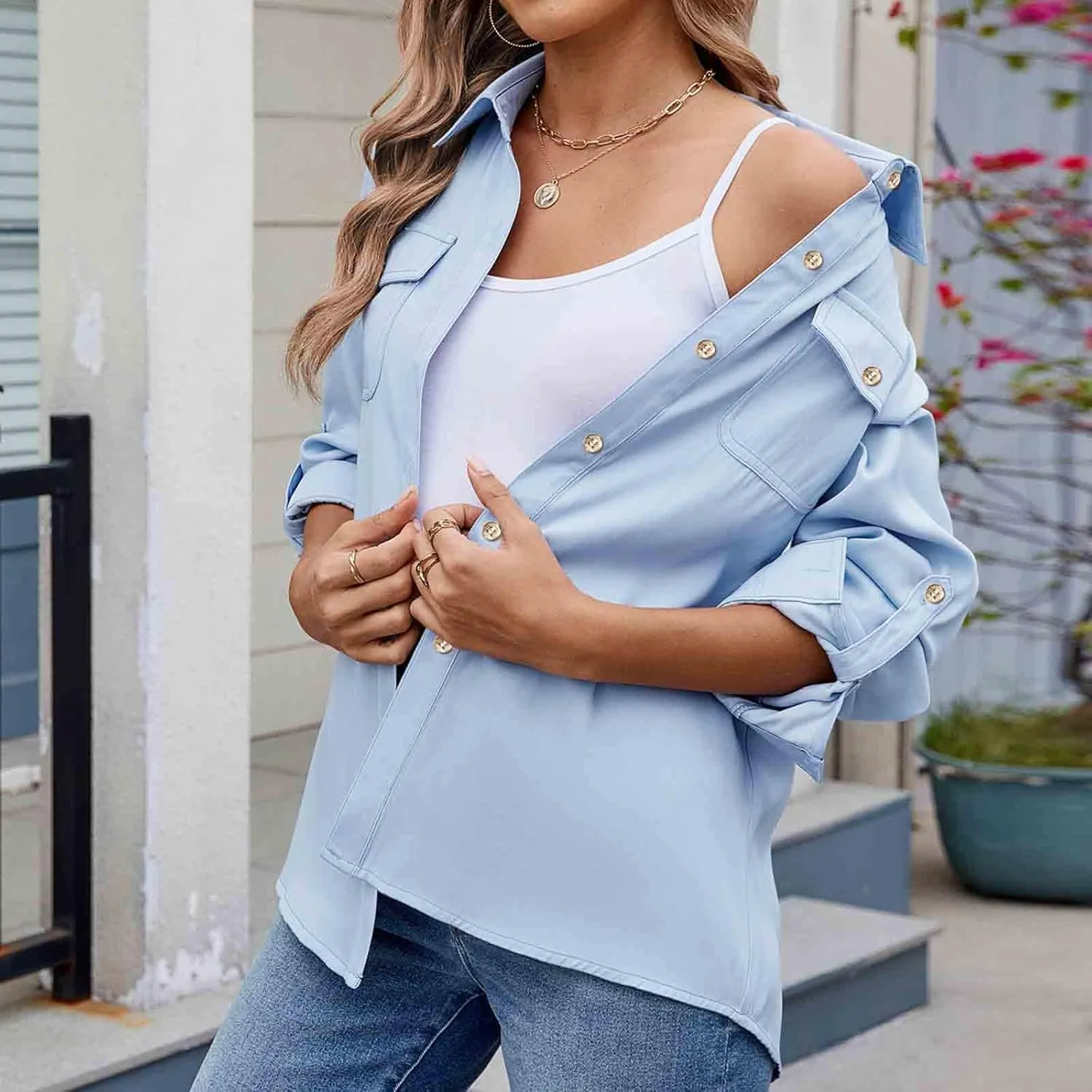 Womens Cargo Shirts UPF 50 UV Sun Protection Long Sleeve Button Blouse Safari Fishing Hiking Outdoor Shirt Loose Fit