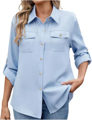 Womens Cargo Shirts UPF 50 UV Sun Protection Long Sleeve Button Blouse Safari Fishing Hiking Outdoor Shirt Loose Fit