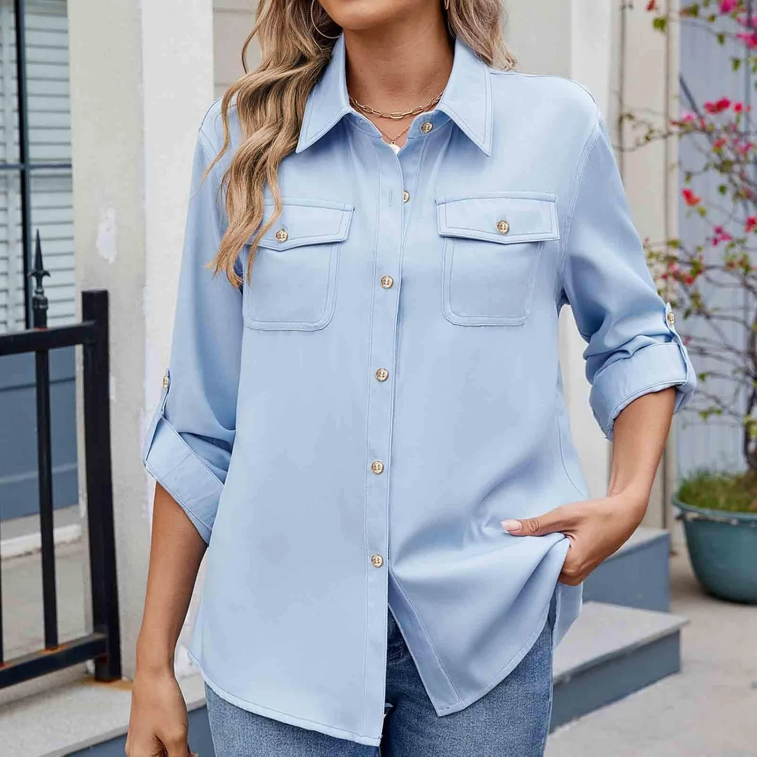 Womens Cargo Shirts UPF 50 UV Sun Protection Long Sleeve Button Blouse Safari Fishing Hiking Outdoor Shirt Loose Fit