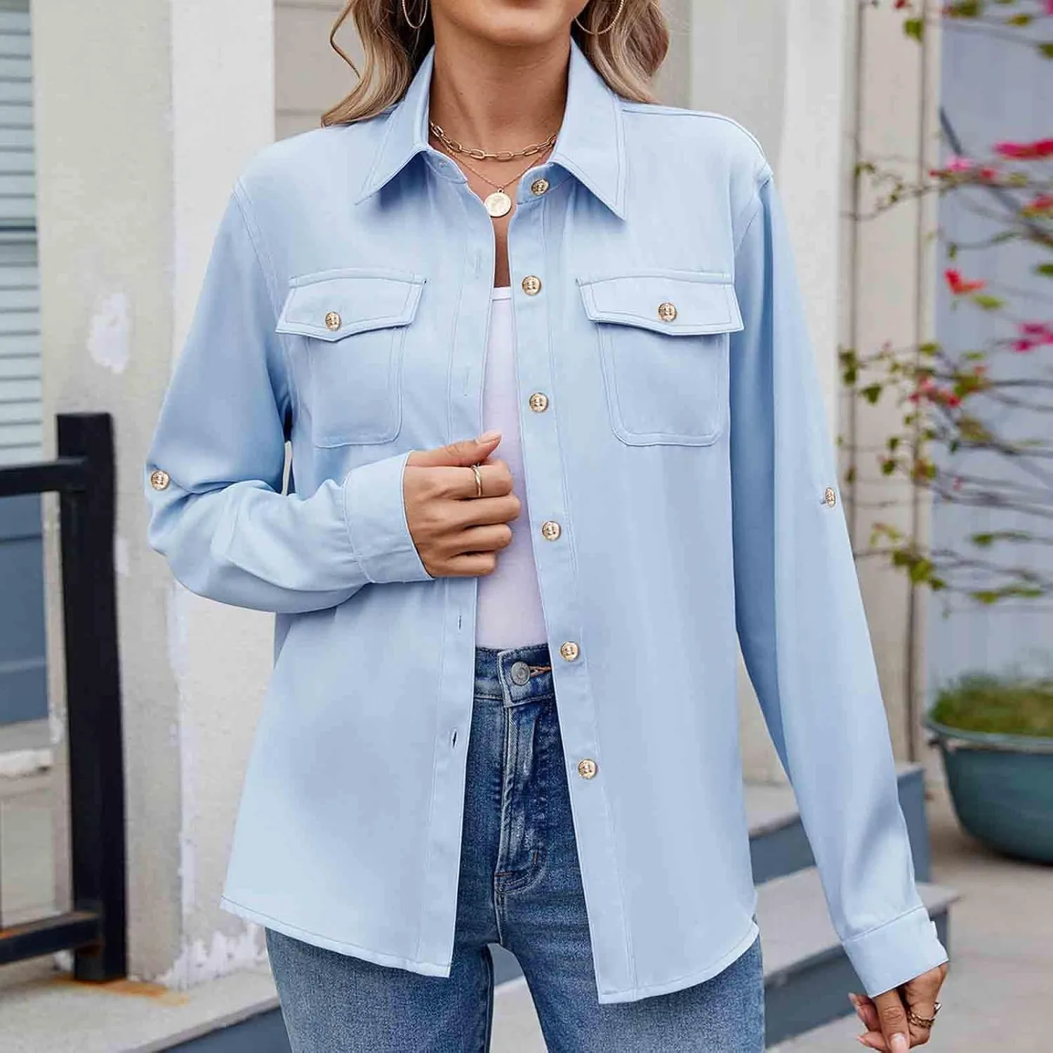 Womens Cargo Shirts UPF 50 UV Sun Protection Long Sleeve Button Blouse Safari Fishing Hiking Outdoor Shirt Loose Fit