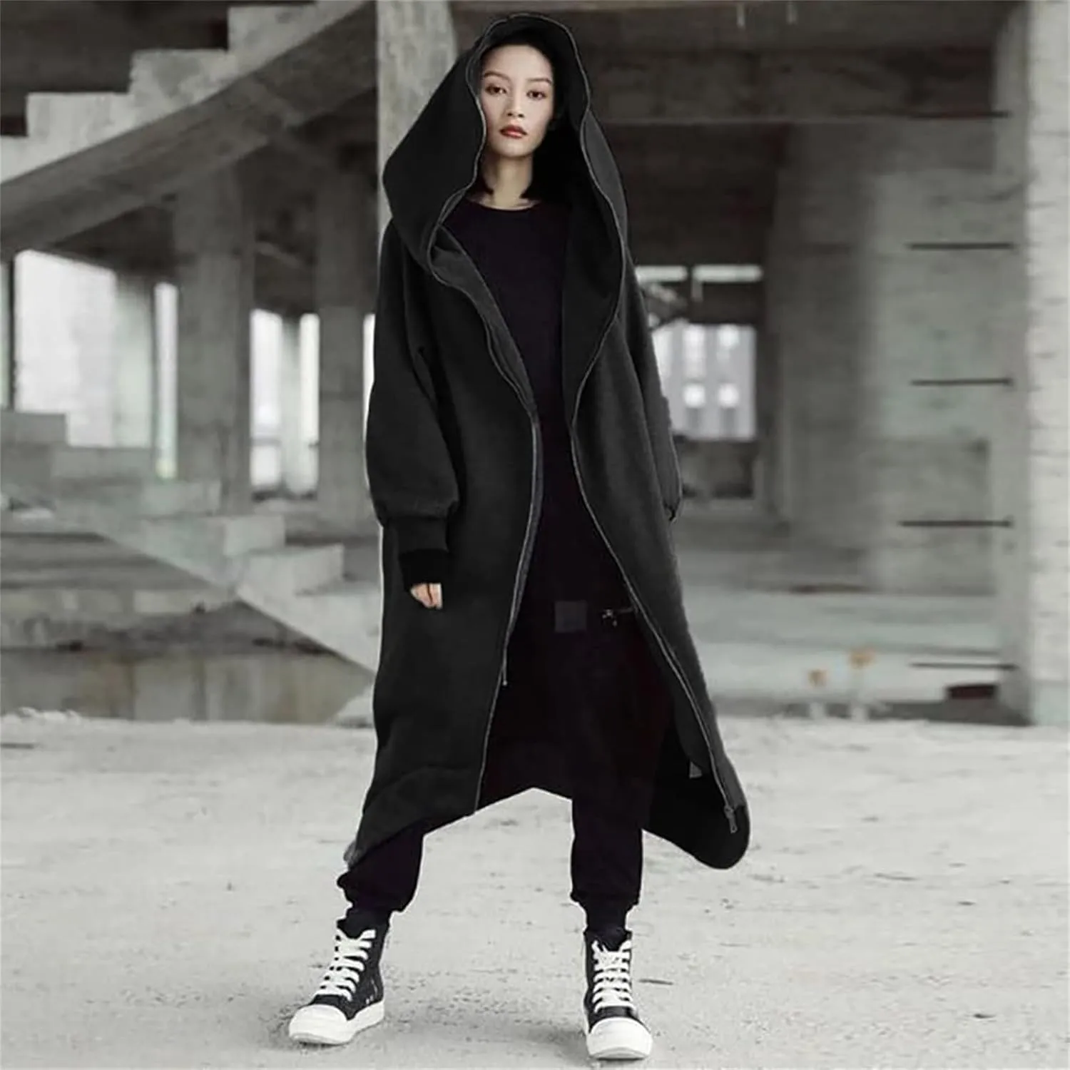 Womens Casual Hoodies Open Front Longline Overcoat Cloak Lightweight Long Sleeve Zip Up Cardigans Retro Gothic Jacket