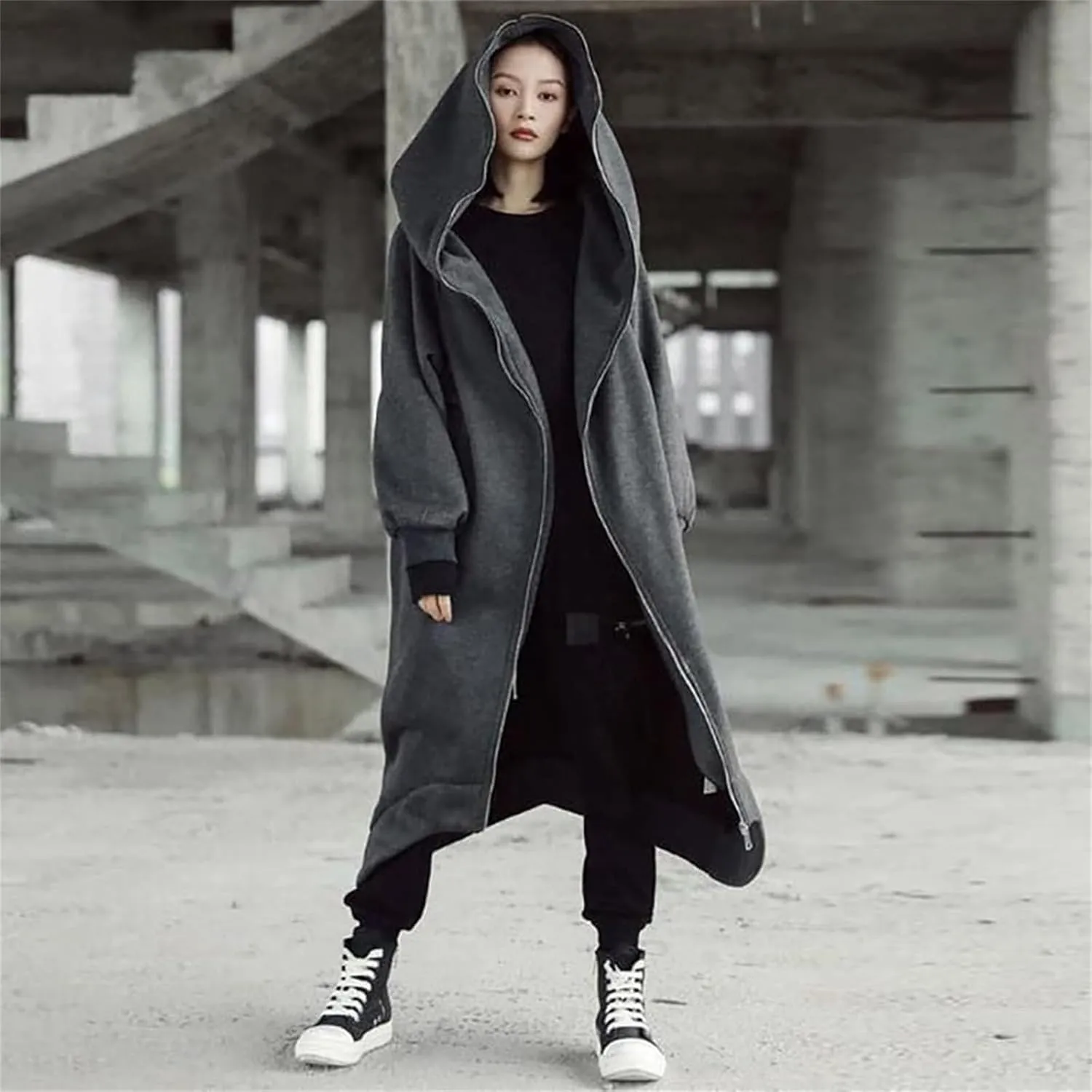 Womens Casual Hoodies Open Front Longline Overcoat Cloak Lightweight Long Sleeve Zip Up Cardigans Retro Gothic Jacket