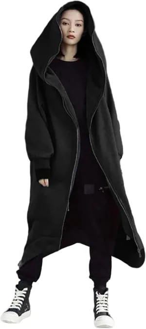 Womens Casual Hoodies Open Front Longline Overcoat Cloak Lightweight Long Sleeve Zip Up Cardigans Retro Gothic Jacket