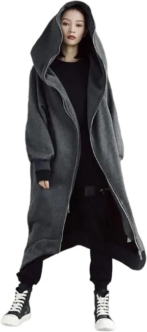 Womens Casual Hoodies Open Front Longline Overcoat Cloak Lightweight Long Sleeve Zip Up Cardigans Retro Gothic Jacket