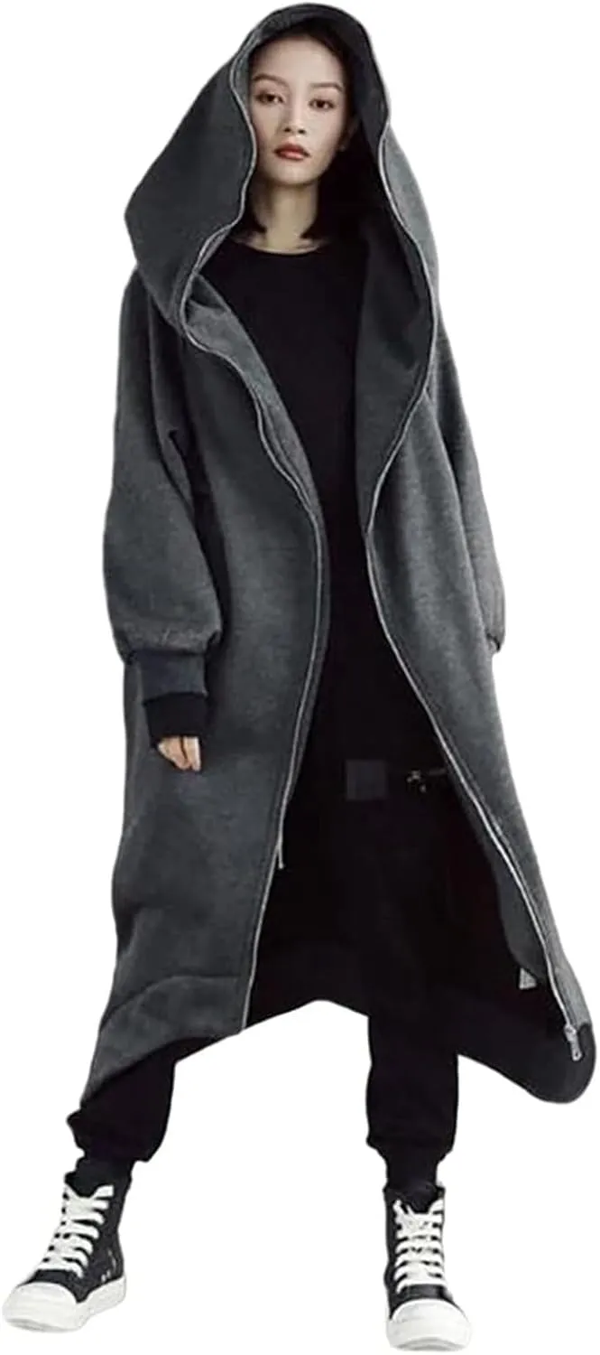 Womens Casual Hoodies Open Front Longline Overcoat Cloak Lightweight Long Sleeve Zip Up Cardigans Retro Gothic Jacket
