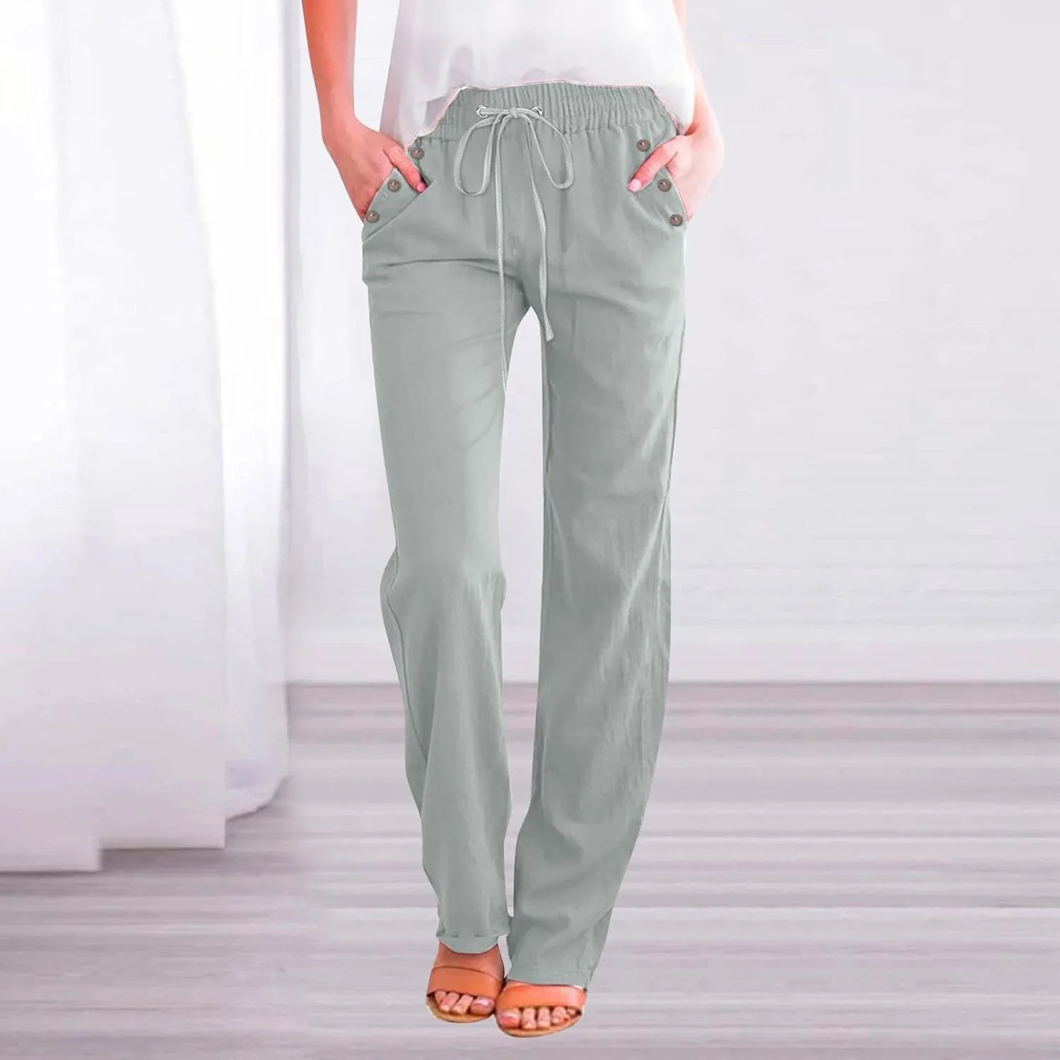 Womens Casual Linen High Waist Pants Drawstring Loose Fit Summer Pants Trousers with Side Pockets