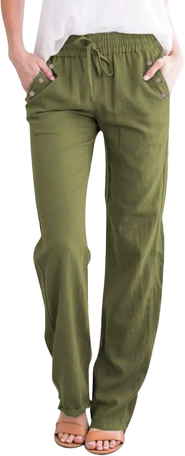 Womens Casual Linen High Waist Pants Drawstring Loose Fit Summer Pants Trousers with Side Pockets