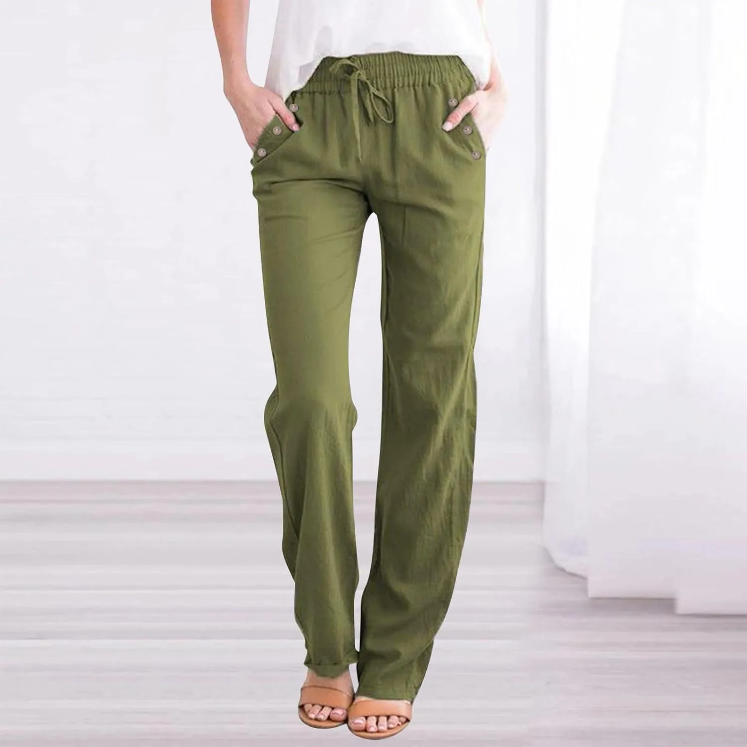 Womens Casual Linen High Waist Pants Drawstring Loose Fit Summer Pants Trousers with Side Pockets