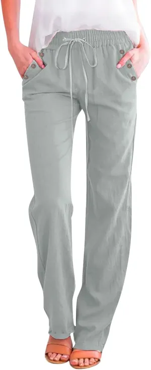 Womens Casual Linen High Waist Pants Drawstring Loose Fit Summer Pants Trousers with Side Pockets