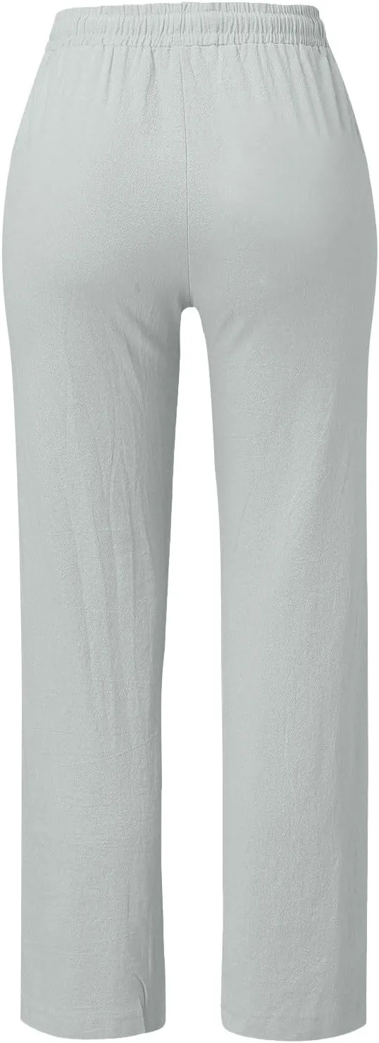 Womens Casual Linen High Waist Pants Drawstring Loose Fit Summer Pants Trousers with Side Pockets