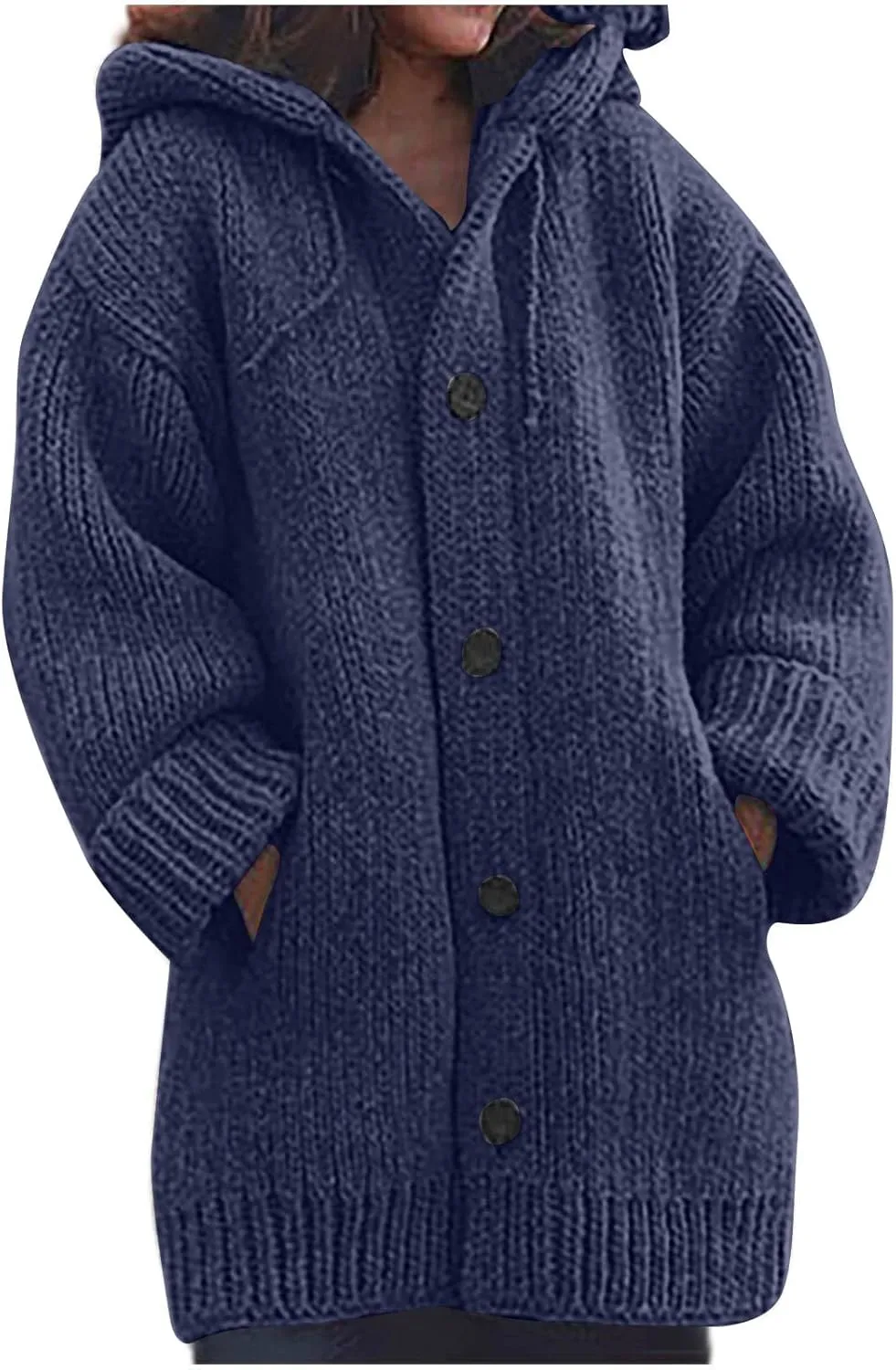 Women's Casual Long Sleeve Button Solid Color Loose Oversized Hooded Sweater Jacket with Pockets, S-5XL