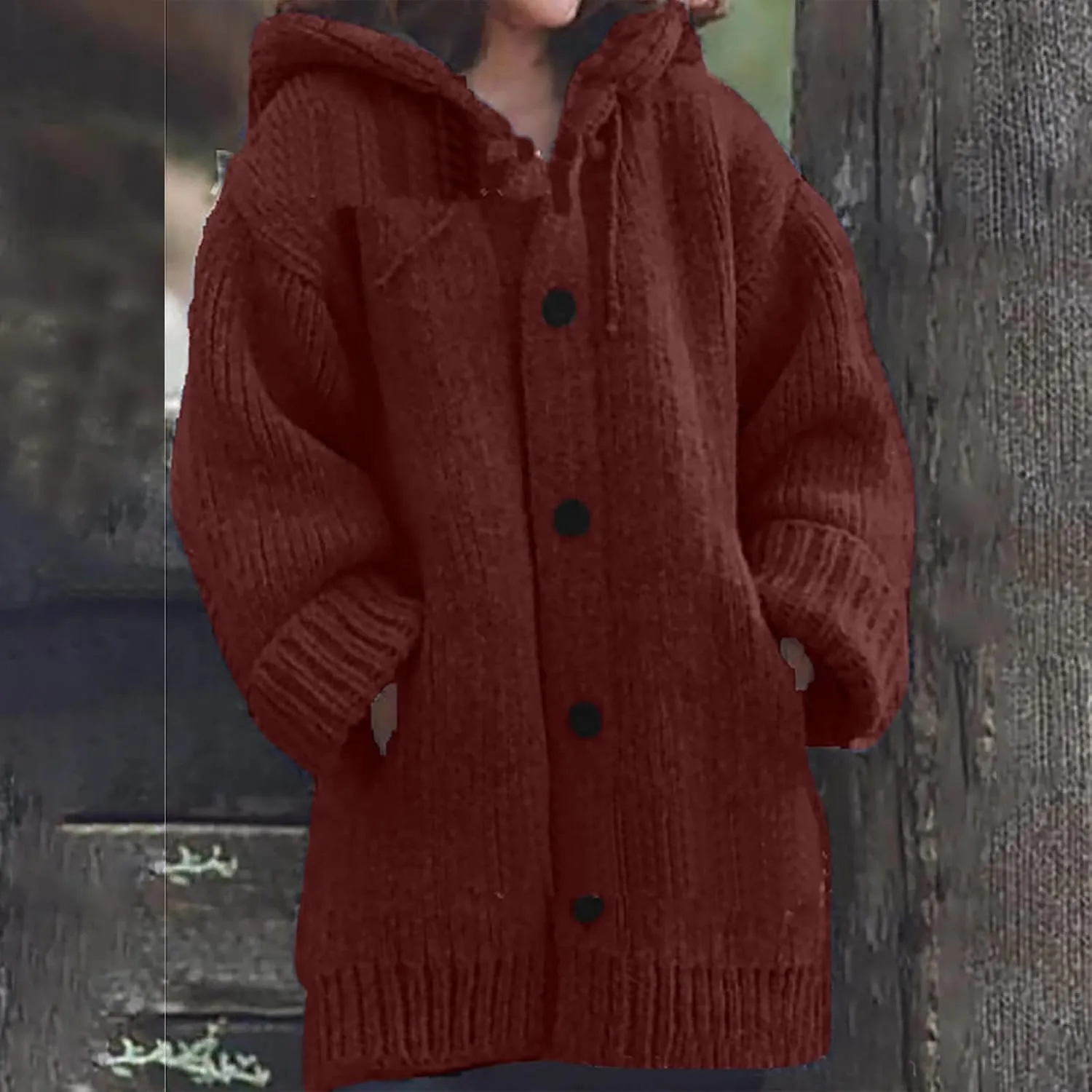 Women's Casual Long Sleeve Button Solid Color Loose Oversized Hooded Sweater Jacket with Pockets, S-5XL