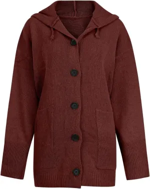 Women's Casual Long Sleeve Button Solid Color Loose Oversized Hooded Sweater Jacket with Pockets, S-5XL