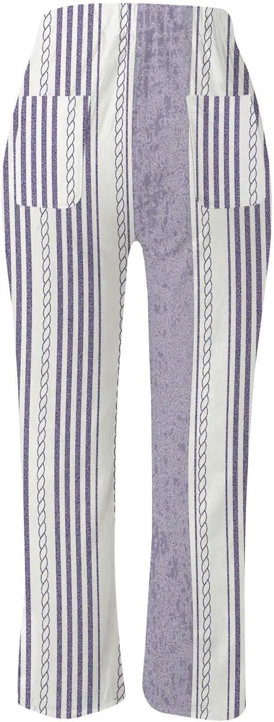 Women's Casual Pants Striped Side Button Elastic Waist Trendy Pants Straight Leg Baggy Trousers with Pocket