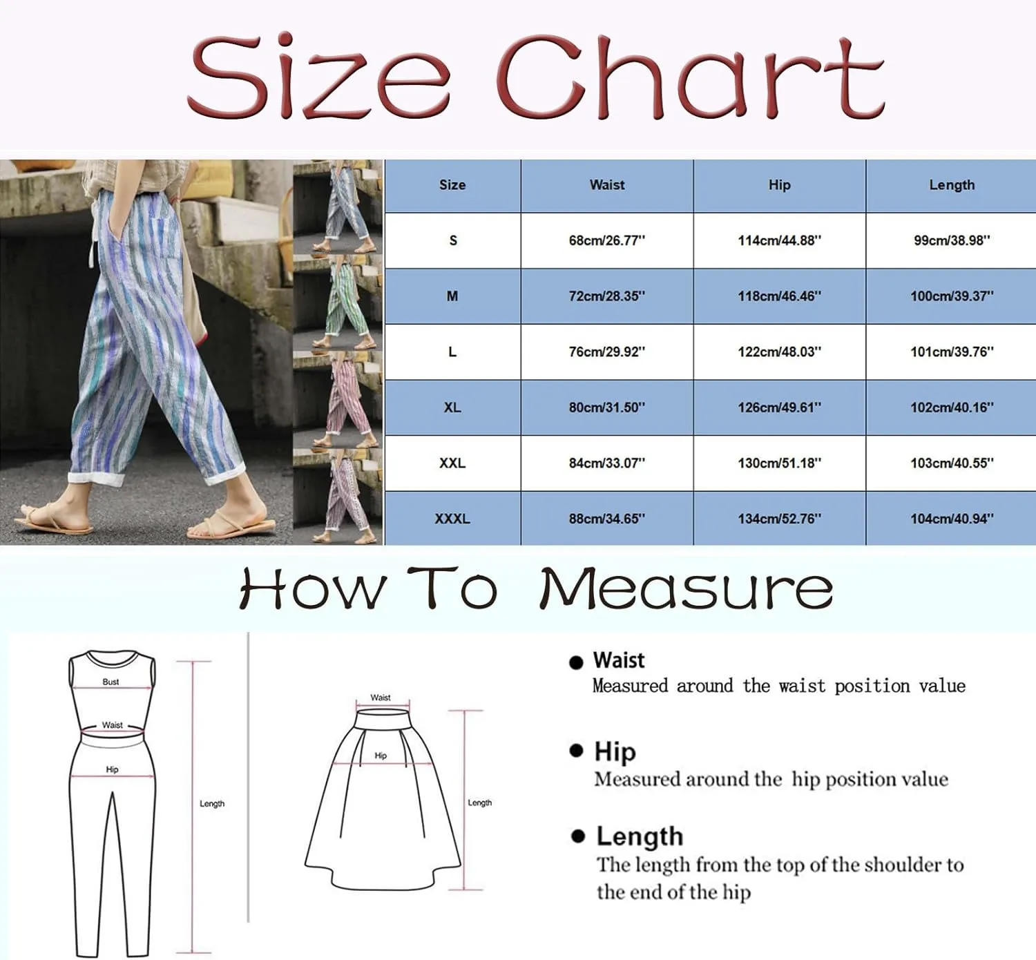 Women's Casual Pants Striped Side Button Elastic Waist Trendy Pants Straight Leg Baggy Trousers with Pocket