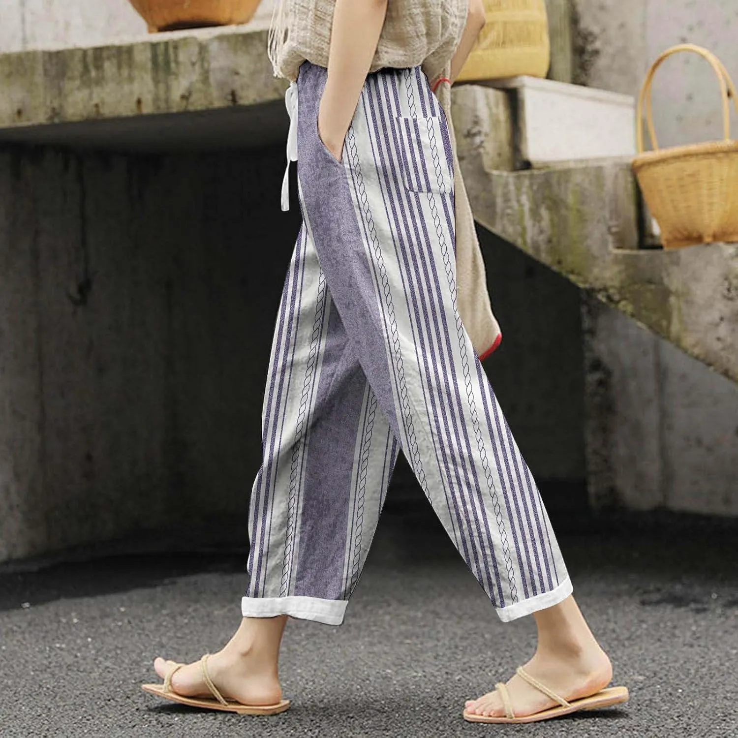 Women's Casual Pants Striped Side Button Elastic Waist Trendy Pants Straight Leg Baggy Trousers with Pocket
