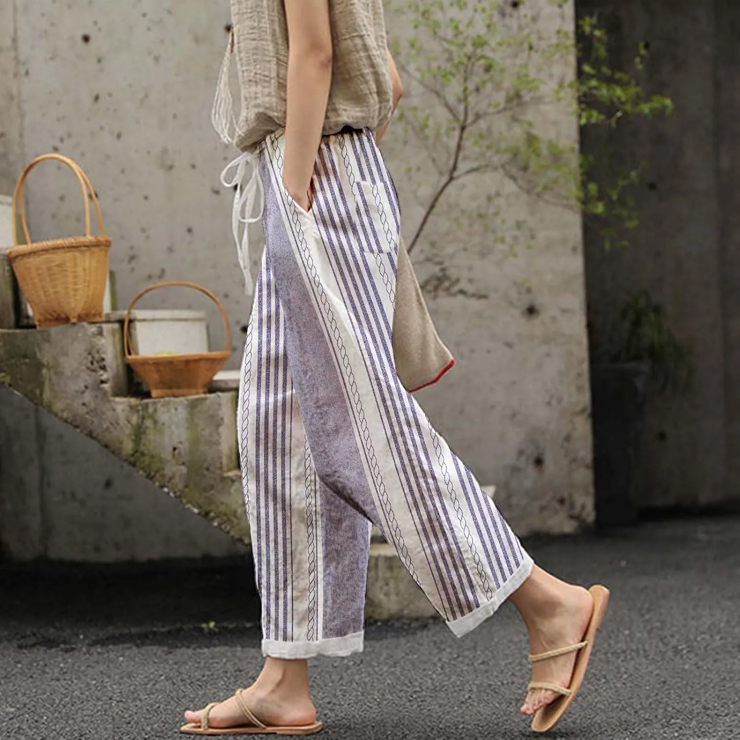 Women's Casual Pants Striped Side Button Elastic Waist Trendy Pants Straight Leg Baggy Trousers with Pocket