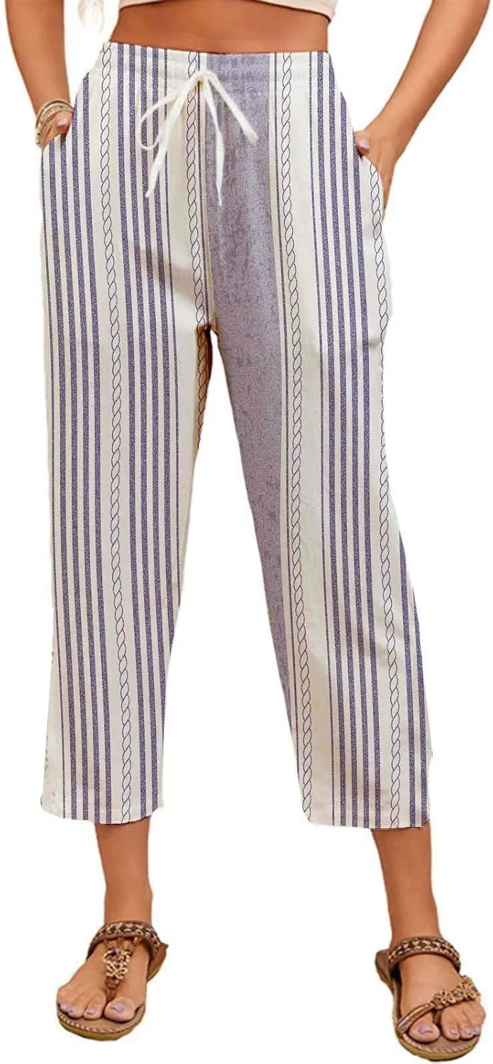 Women's Casual Pants Striped Side Button Elastic Waist Trendy Pants Straight Leg Baggy Trousers with Pocket