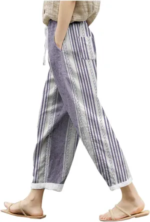 Women's Casual Pants Striped Side Button Elastic Waist Trendy Pants Straight Leg Baggy Trousers with Pocket