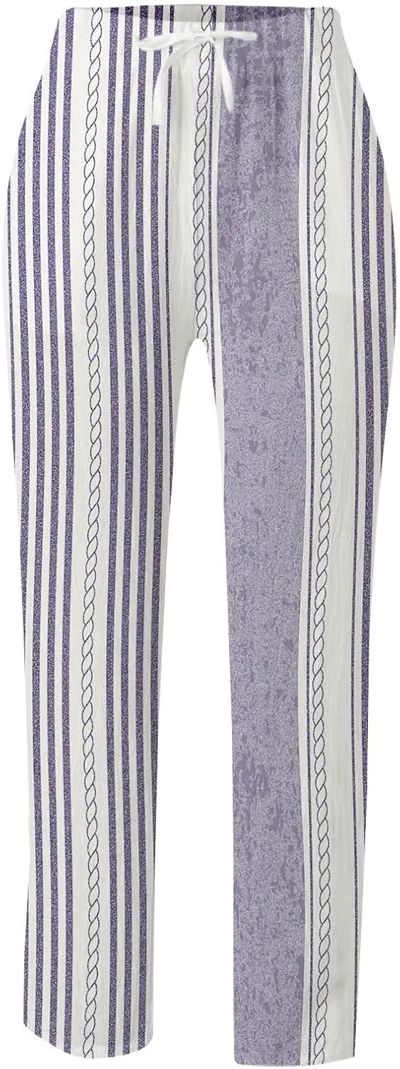 Women's Casual Pants Striped Side Button Elastic Waist Trendy Pants Straight Leg Baggy Trousers with Pocket