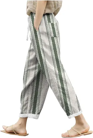 Women's Casual Pants Striped Side Button Elastic Waist Trendy Pants Straight Leg Baggy Trousers with Pocket