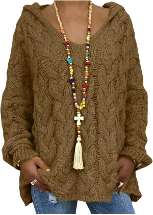 Women's Chunky Cable Knit Pullover Hooded Sweaters Oversized V Neck Long Sleeve Warm Loose Hoodies