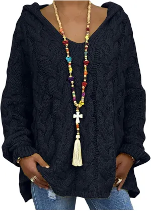 Women's Chunky Cable Knit Pullover Hooded Sweaters Oversized V Neck Long Sleeve Warm Loose Hoodies
