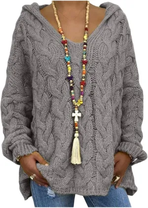 Women's Chunky Cable Knit Pullover Hooded Sweaters Oversized V Neck Long Sleeve Warm Loose Hoodies