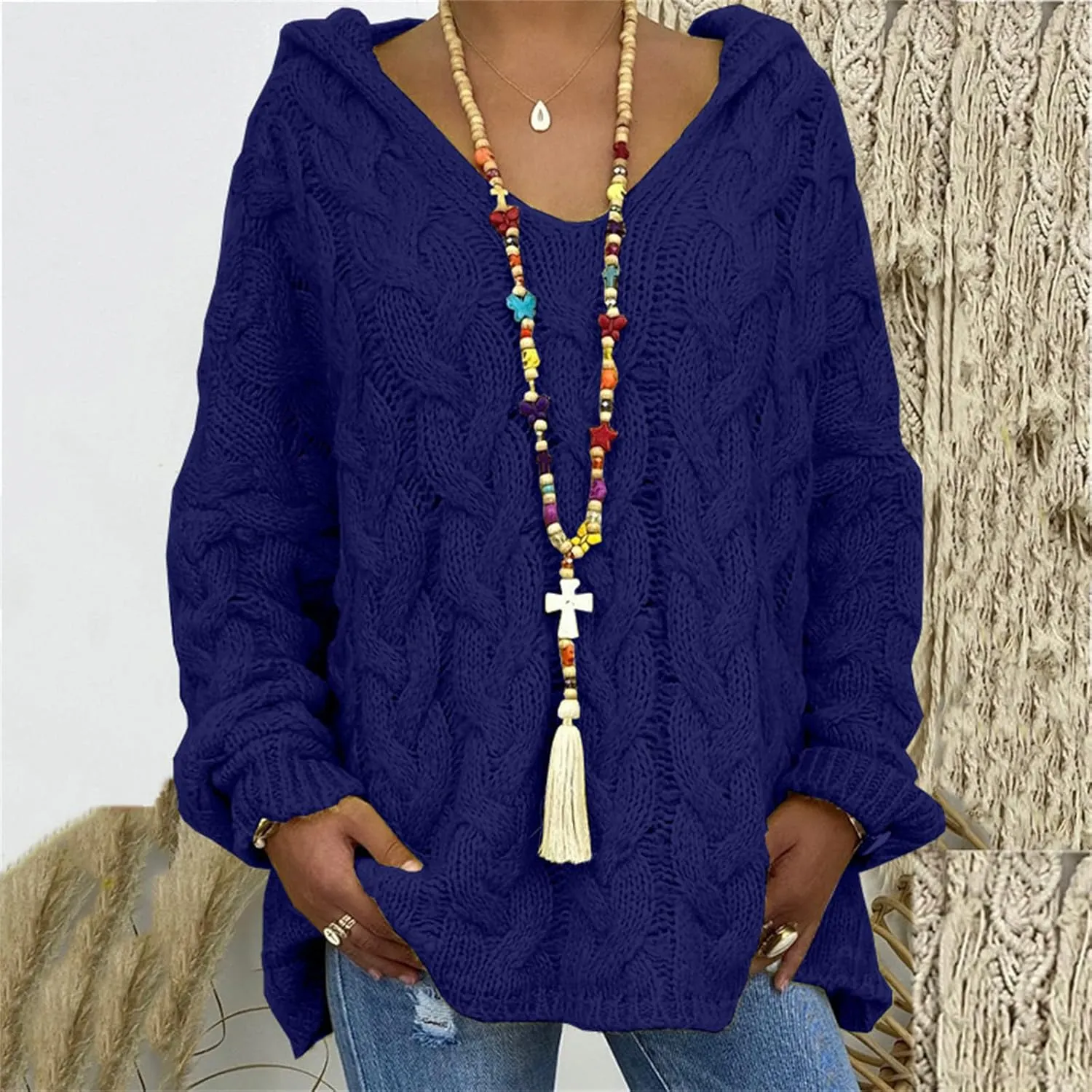 Women's Chunky Cable Knit Pullover Hooded Sweaters Oversized V Neck Long Sleeve Warm Loose Hoodies
