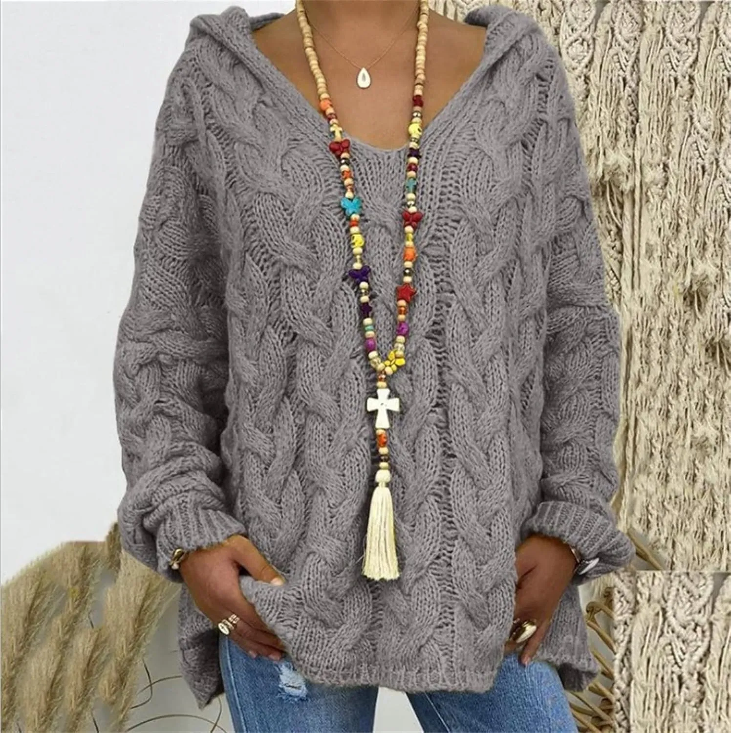 Women's Chunky Cable Knit Pullover Hooded Sweaters Oversized V Neck Long Sleeve Warm Loose Hoodies