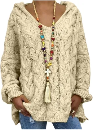 Women's Chunky Cable Knit Pullover Hooded Sweaters Oversized V Neck Long Sleeve Warm Loose Hoodies