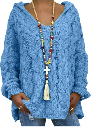 Women's Chunky Cable Knit Pullover Hooded Sweaters Oversized V Neck Long Sleeve Warm Loose Hoodies