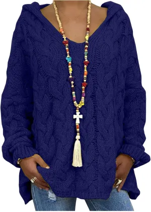 Women's Chunky Cable Knit Pullover Hooded Sweaters Oversized V Neck Long Sleeve Warm Loose Hoodies