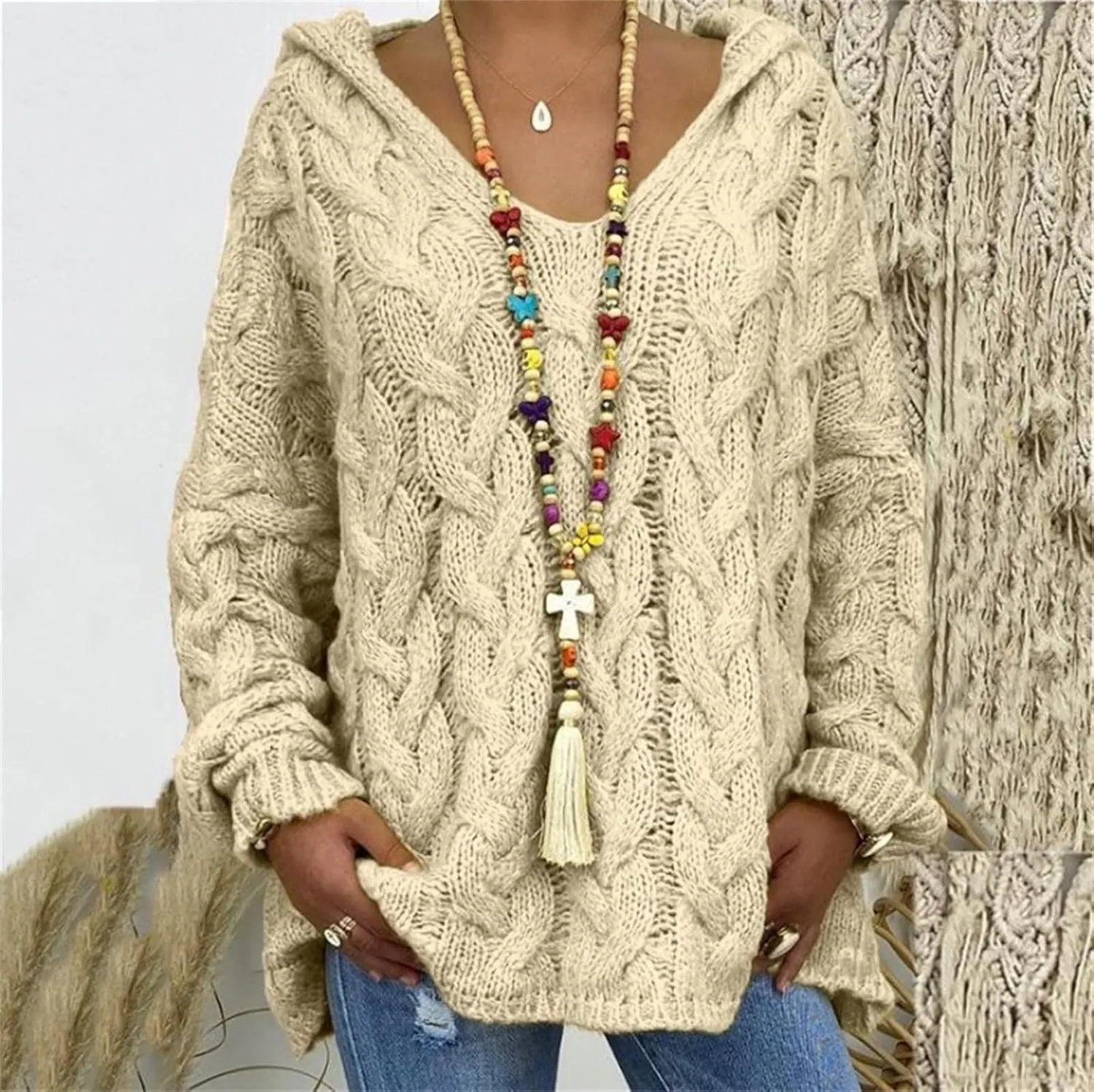 Women's Chunky Cable Knit Pullover Hooded Sweaters Oversized V Neck Long Sleeve Warm Loose Hoodies