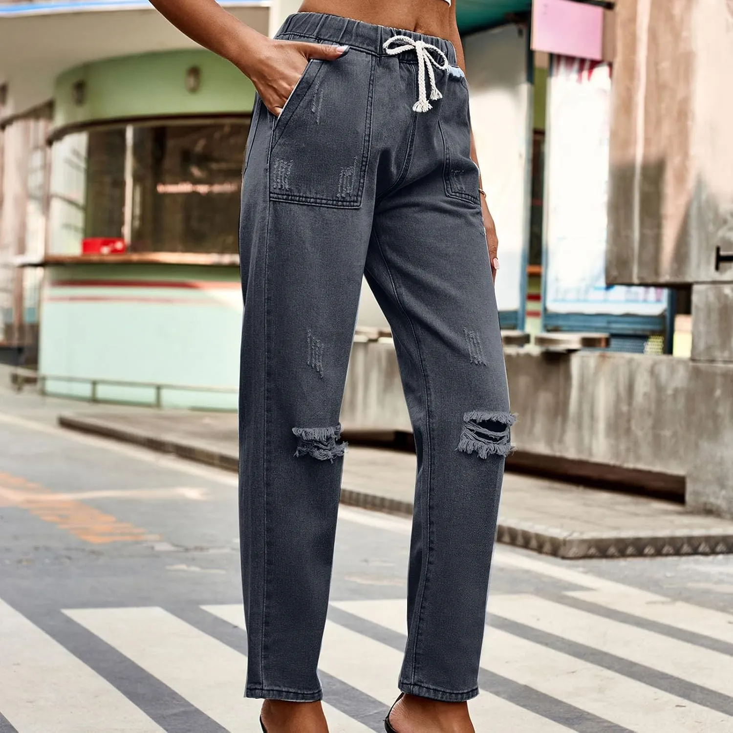 Women's Classic Ripped High Waisted Skinny Jeans Stretch Drawstring Distressed Denim Pants Straight-Fit Long Pants