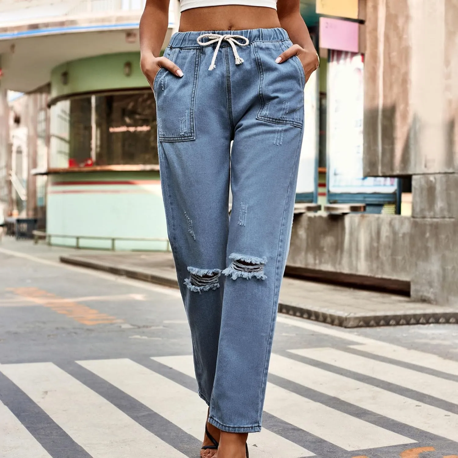 Women's Classic Ripped High Waisted Skinny Jeans Stretch Drawstring Distressed Denim Pants Straight-Fit Long Pants