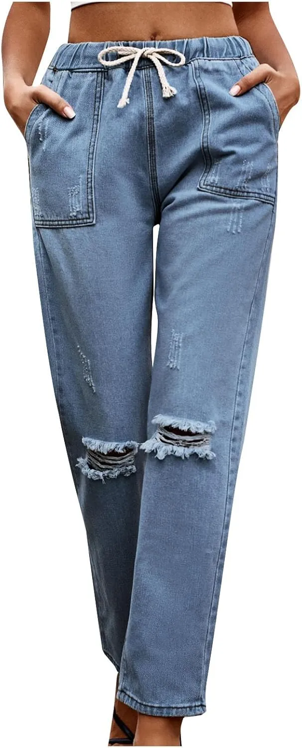 Women's Classic Ripped High Waisted Skinny Jeans Stretch Drawstring Distressed Denim Pants Straight-Fit Long Pants