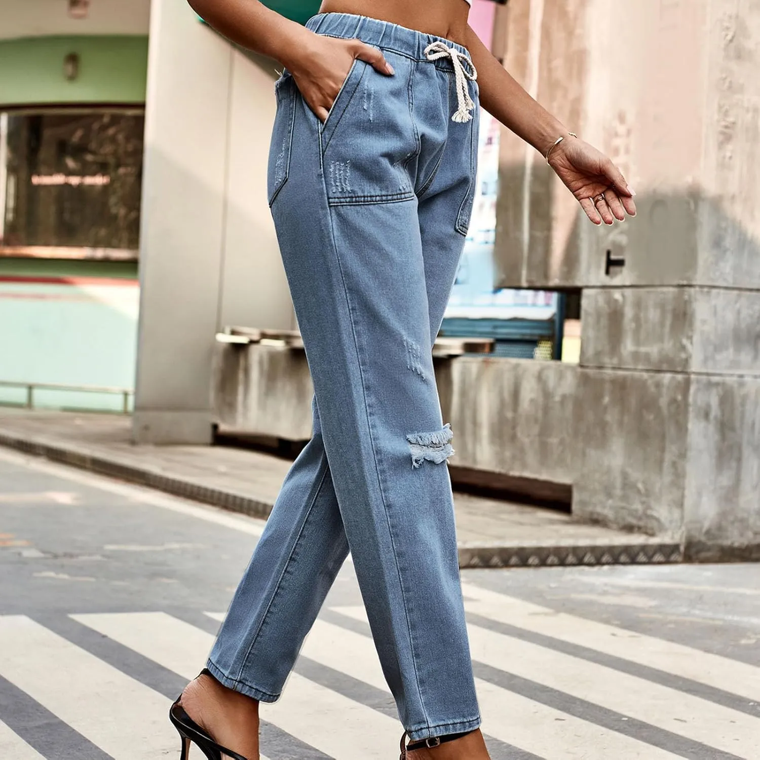 Women's Classic Ripped High Waisted Skinny Jeans Stretch Drawstring Distressed Denim Pants Straight-Fit Long Pants