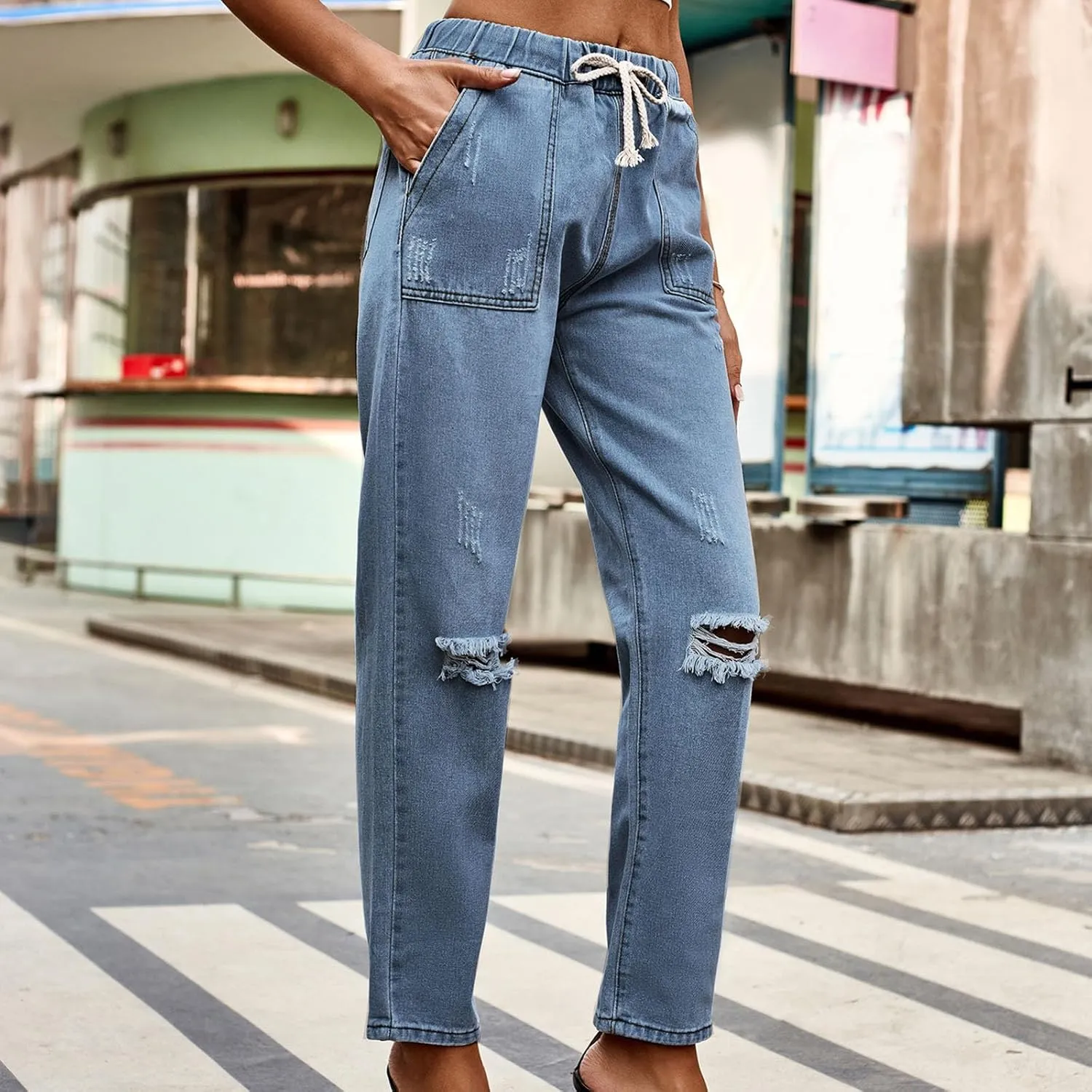 Women's Classic Ripped High Waisted Skinny Jeans Stretch Drawstring Distressed Denim Pants Straight-Fit Long Pants