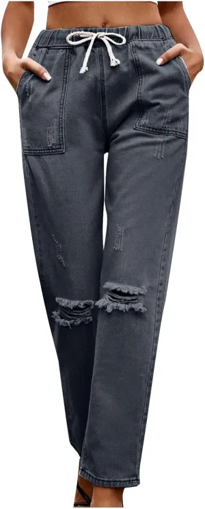 Women's Classic Ripped High Waisted Skinny Jeans Stretch Drawstring Distressed Denim Pants Straight-Fit Long Pants