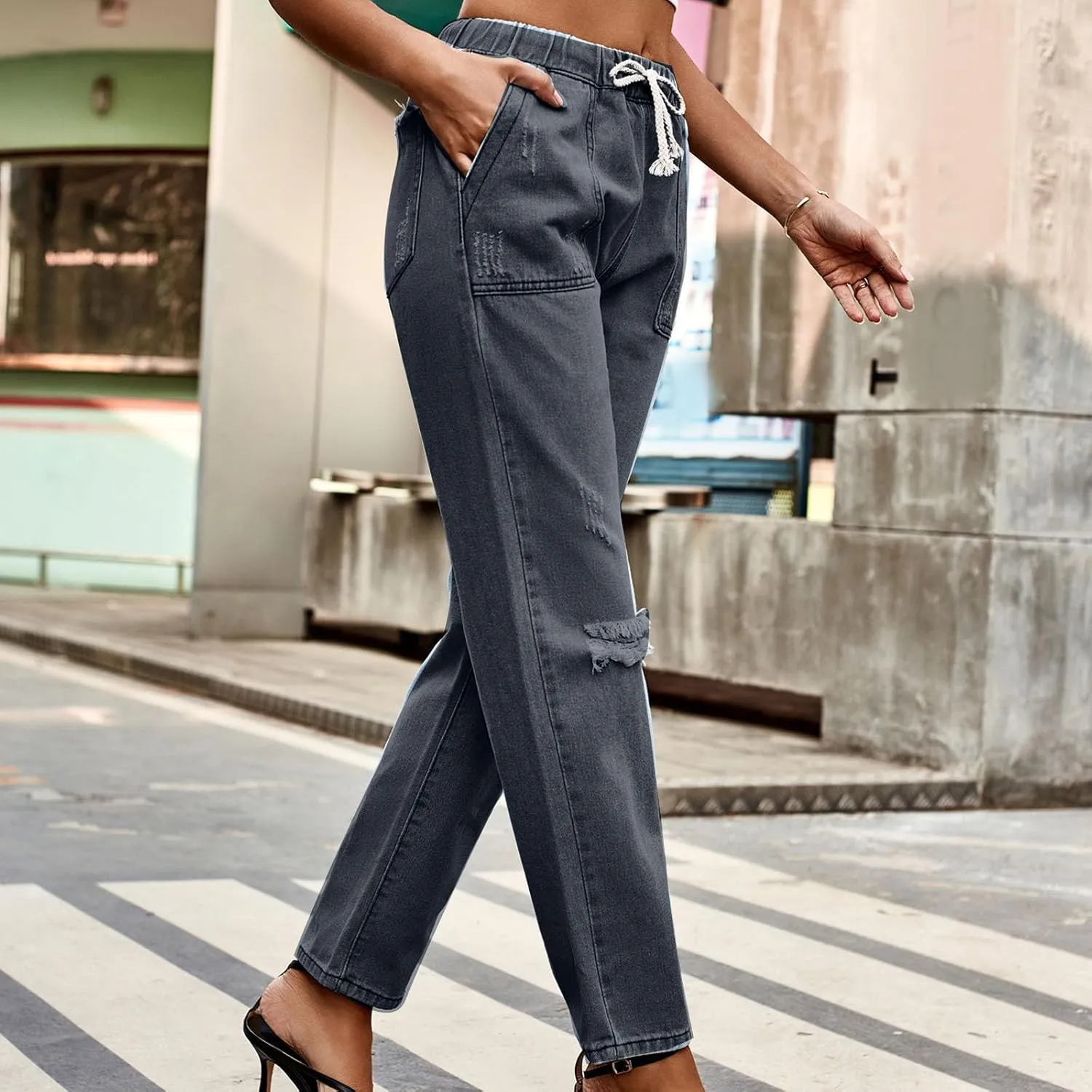 Women's Classic Ripped High Waisted Skinny Jeans Stretch Drawstring Distressed Denim Pants Straight-Fit Long Pants
