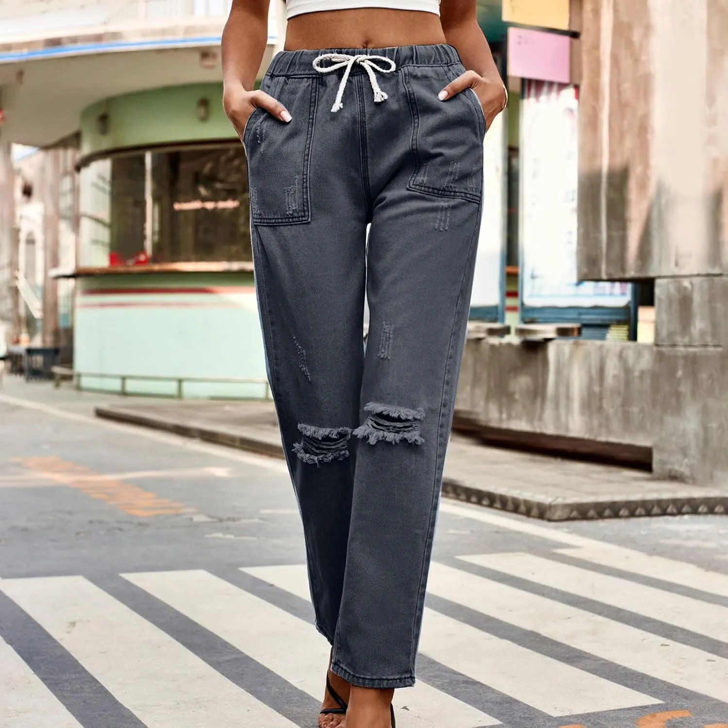 Women's Classic Ripped High Waisted Skinny Jeans Stretch Drawstring Distressed Denim Pants Straight-Fit Long Pants